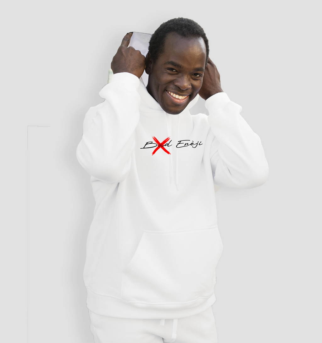 No Bad Eneji White Hoodie  Purity in Motion