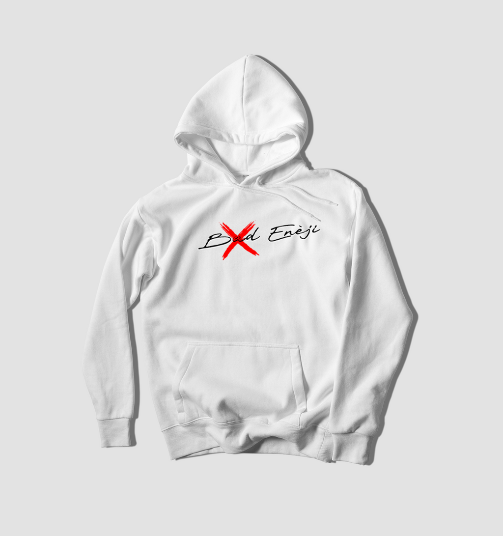 No Bad Eneji White Hoodie  Purity in Motion